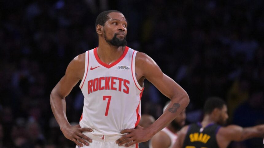 Apr 21, 2026; Los Angeles, California, USA; Houston Rockets forward Kevin Durant (7) looks on from the court during the final minutes of game two of the first round of the 2026 NBA Playoffs at against the Los Angeles Lakers at Crypto.com Arena. Mandatory Credit: Jayne Kamin-Oncea-Imagn Images