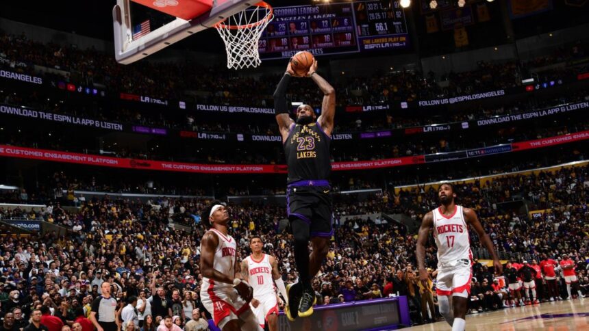 LOS ANGELES, CA - APRIL 21: LeBron James #23 of the Los Angeles Lakers dunks the ball during the game against the Houston Rockets during Round One Game Two of the 2026 NBA Playoffs on April 21, 2026 at Crypto.Com Arena in Los Angeles, California. (Photo by Adam Pantozzi/NBAE via Getty Images)