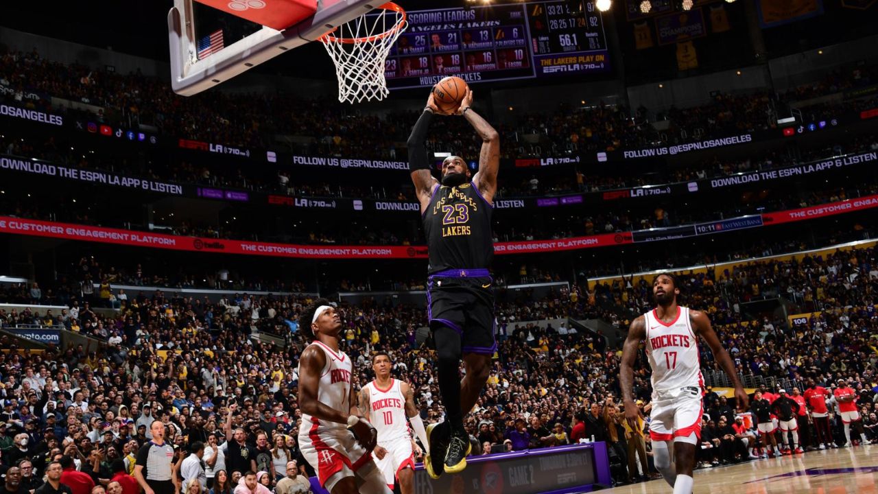 LOS ANGELES, CA - APRIL 21: LeBron James #23 of the Los Angeles Lakers dunks the ball during the game against the Houston Rockets during Round One Game Two of the 2026 NBA Playoffs on April 21, 2026 at Crypto.Com Arena in Los Angeles, California. (Photo by Adam Pantozzi/NBAE via Getty Images)