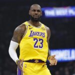 May 7, 2026; Oklahoma City, Oklahoma, USA; Los Angeles Lakers forward LeBron James (23) reacts after a play against the Oklahoma City Thunder in the first half during game two of the second round of the 2026 NBA Playoffs at Paycom Center. Mandatory Credit: Alonzo Adams-Imagn Images