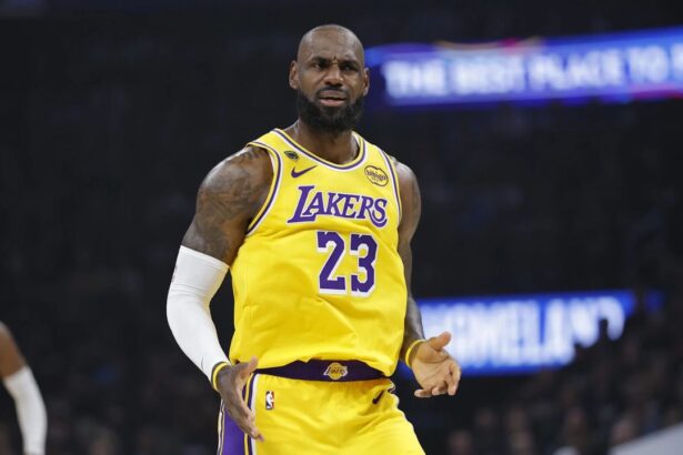 May 7, 2026; Oklahoma City, Oklahoma, USA; Los Angeles Lakers forward LeBron James (23) reacts after a play against the Oklahoma City Thunder in the first half during game two of the second round of the 2026 NBA Playoffs at Paycom Center. Mandatory Credit: Alonzo Adams-Imagn Images