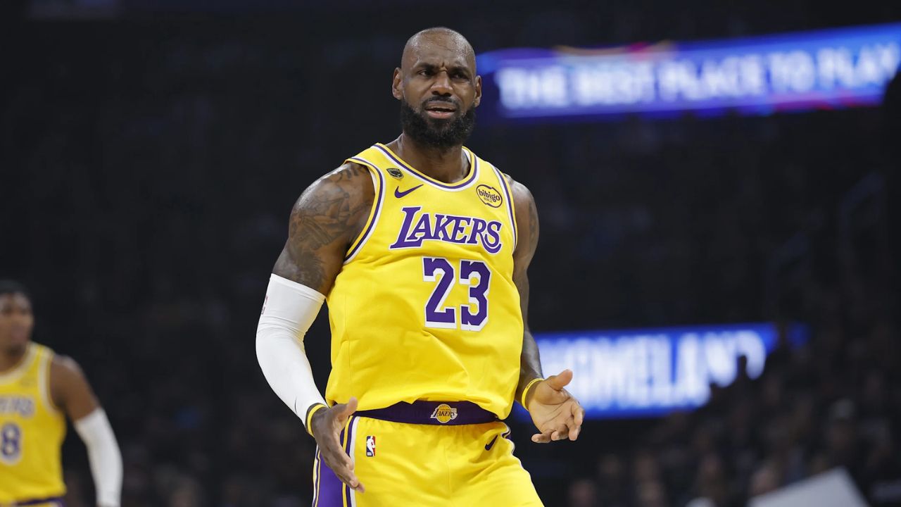 May 7, 2026; Oklahoma City, Oklahoma, USA; Los Angeles Lakers forward LeBron James (23) reacts after a play against the Oklahoma City Thunder in the first half during game two of the second round of the 2026 NBA Playoffs at Paycom Center. Mandatory Credit: Alonzo Adams-Imagn Images
