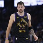 Apr 2, 2026; Oklahoma City, Oklahoma, USA; Los Angeles Lakers guard Luka Doncic (77) stands on the court during the second half against the Oklahoma City Thunder at Paycom Center. Mandatory Credit: Alonzo Adams-Imagn Images