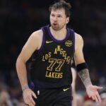 Apr 2, 2026; Oklahoma City, Oklahoma, USA; Los Angeles Lakers guard Luka Doncic (77) reacts after a play against the Oklahoma City Thunder during the second half at Paycom Center. Mandatory Credit: Alonzo Adams-Imagn Images