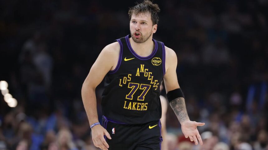 Apr 2, 2026; Oklahoma City, Oklahoma, USA; Los Angeles Lakers guard Luka Doncic (77) reacts after a play against the Oklahoma City Thunder during the second half at Paycom Center. Mandatory Credit: Alonzo Adams-Imagn Images
