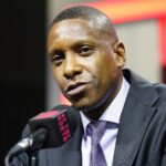 Toronto Raptors vice chairman and team president Masai Ujiri talks to the media during media day at Scotiabank Area.