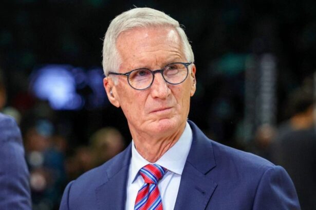MINNEAPOLIS, MINNESOTA - APRIL 25: NBA on ESPN play-by-play commentator Mike Breen looks on prior to the start of Game Four of the First Round of the 2026 NBA Western Conference Playoffs between the Denver Nuggets and Minnesota Timberwolves at Target Center on April 25, 2026 in Minneapolis, Minnesota. The Timberwolves defeated the Nuggets 112-96. (Photo by David Berding/Getty Images)
