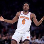 May 4, 2026; New York, New York, USA; New York Knicks forward OG Anunoby (8) reacts after a three point shot during the first quarter of game one of the eastern conference semifinal round of the 2026 NBA Playoffs against the Philadelphia 76ers at Madison Square Garden. Mandatory Credit: Brad Penner-Imagn Images