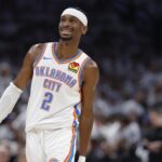 May 26, 2026; Oklahoma City, Oklahoma, USA; Oklahoma City Thunder guard Shai Gilgeous-Alexander (2) reacts after a play during the third quarter against the San Antonio Spurs in game five of the western conference finals for the 2026 NBA playoffs at Paycom Center. Mandatory Credit: Alonzo Adams-Imagn Images