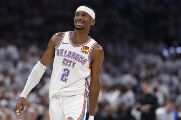 May 26, 2026; Oklahoma City, Oklahoma, USA; Oklahoma City Thunder guard Shai Gilgeous-Alexander (2) reacts after a play during the third quarter against the San Antonio Spurs in game five of the western conference finals for the 2026 NBA playoffs at Paycom Center. Mandatory Credit: Alonzo Adams-Imagn Images