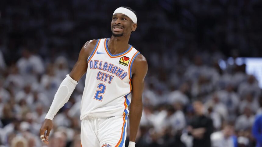 May 26, 2026; Oklahoma City, Oklahoma, USA; Oklahoma City Thunder guard Shai Gilgeous-Alexander (2) reacts after a play during the third quarter against the San Antonio Spurs in game five of the western conference finals for the 2026 NBA playoffs at Paycom Center. Mandatory Credit: Alonzo Adams-Imagn Images