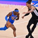 OKLAHOMA CITY, OKLAHOMA - MAY 18: Shai Gilgeous-Alexander #2 of the Oklahoma City Thunder drives to the basket against Victor Wembanyama #1 of the San Antonio Spurs during the first quarter in Game One of the NBA Western Conference Finals at Paycom Center on May 18, 2026 in Oklahoma City, Oklahoma. (Photo by Joshua Gateley/Getty Images)