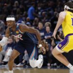 May 7, 2026; Oklahoma City, Oklahoma, USA; Oklahoma City Thunder guard Shai Gilgeous-Alexander (2) drives down the court against Los Angeles Lakers guard Austin Reaves (15) in the second half during game two of the second round of the 2026 NBA Playoffs at Paycom Center. Mandatory Credit: Alonzo Adams-Imagn Images