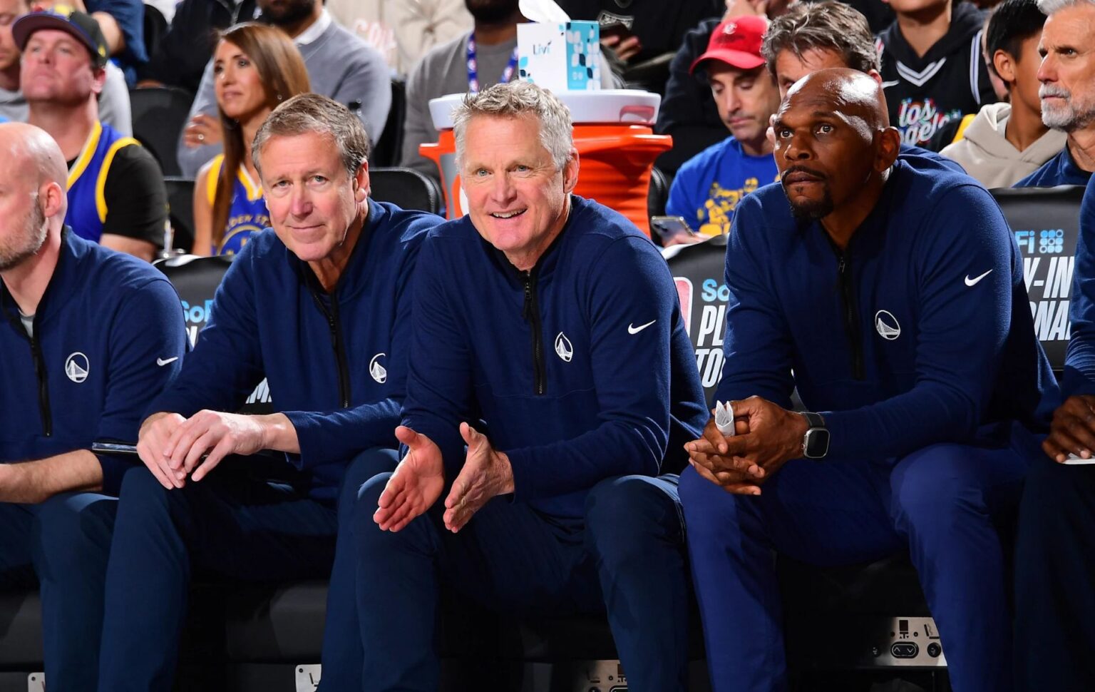 Steve Kerr sits amid the Warriors' assistant coaching staff. Mandatory Credit: Adam Pantozzi/NBAE via Getty Images