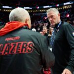Apr 2, 2026; Portland, Oregon, USA; Tom Dundon, owner of the Portland Trail Blazers, visits with fans after a game against the New Orleans Pelicans at Moda Center. Mandatory Credit: Troy Wayrynen-Imagn Images