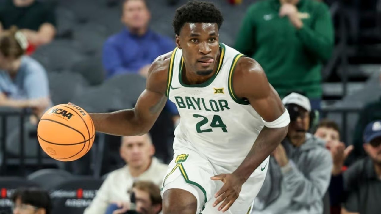 LAS VEGAS, NEVADA - NOVEMBER 24: Tounde Yessoufou #24 of the Baylor Bears dribbles against the Creighton Bluejays in first half of a Players Era Championship basketball tournament game at Michelob ULTRA Arena on November 24, 2025 in Las Vegas, Nevada. (Photo by Ian Maule/Getty Images)