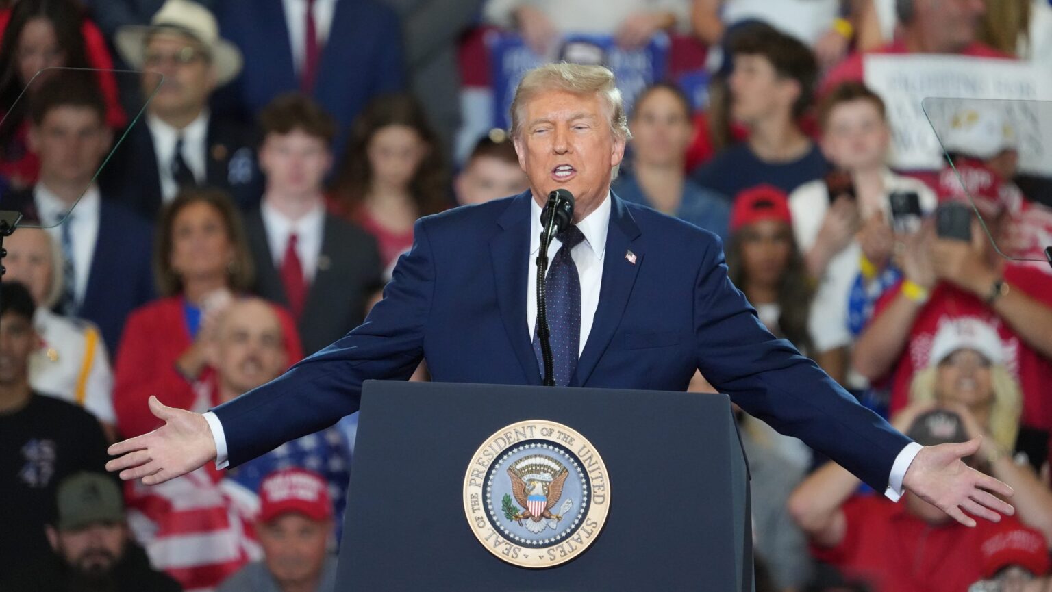President Donald J. Trump speaks at a rally in the fieldhouse at Rockland Community College May 22, 2026. President Donald J. Trump speaks at a rally in the fieldhouse at Rockland Community College May 22, 2026. Peter Carr/The Journal News / USA TODAY NETWORK via Imagn Images