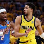 The Indiana Pacers’ Tyrese Haliburton drives to the basket against Oklahoma City Thunder star Shai Gilgeous-Alexander during the first half of Game 6 of the NBA Finals on Thursday, June 19, 2025, in Indianapolis. (Photo by Maddie Meyer/Getty Images)