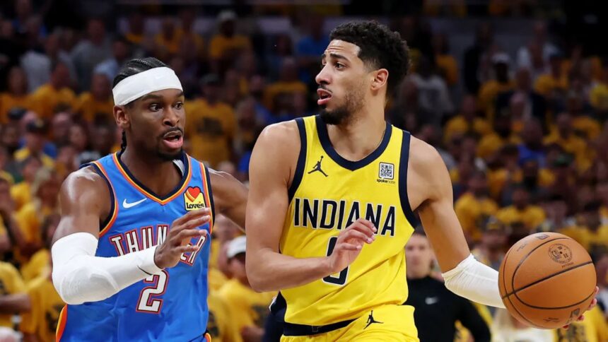 The Indiana Pacers’ Tyrese Haliburton drives to the basket against Oklahoma City Thunder star Shai Gilgeous-Alexander during the first half of Game 6 of the NBA Finals on Thursday, June 19, 2025, in Indianapolis. (Photo by Maddie Meyer/Getty Images)