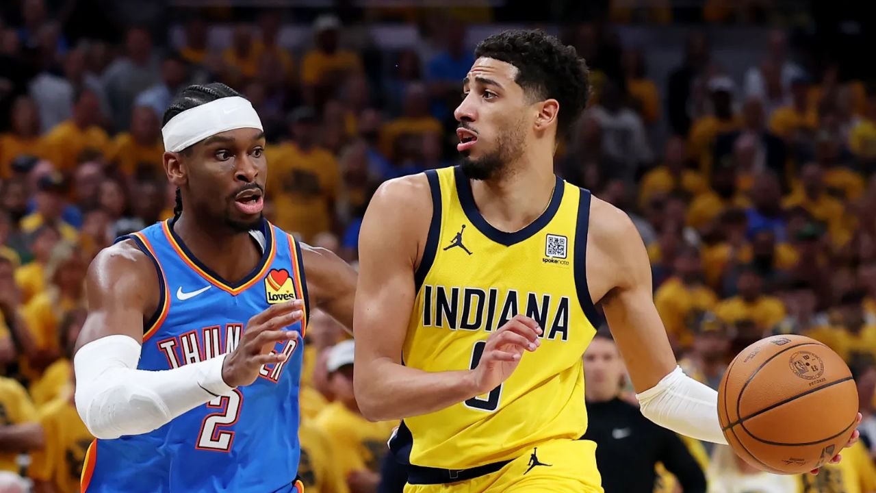 The Indiana Pacers’ Tyrese Haliburton drives to the basket against Oklahoma City Thunder star Shai Gilgeous-Alexander during the first half of Game 6 of the NBA Finals on Thursday, June 19, 2025, in Indianapolis. (Photo by Maddie Meyer/Getty Images)