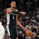 San Antonio Spurs forward Victor Wembanyama (1) dribbles the ball against the Oklahoma City Thunder in the first half during game six of the western conference finals for the 2026 NBA playoffs at Frost Bank Center.