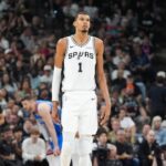 May 24, 2026; San Antonio, Texas, USA; San Antonio Spurs center Victor Wembanyama (1) looks on in the fourth quarter against the Oklahoma City Thunder during game four of the western conference finals for the 2026 NBA playoffs at Frost Bank Center. Mandatory Credit: Daniel Dunn-Imagn Images