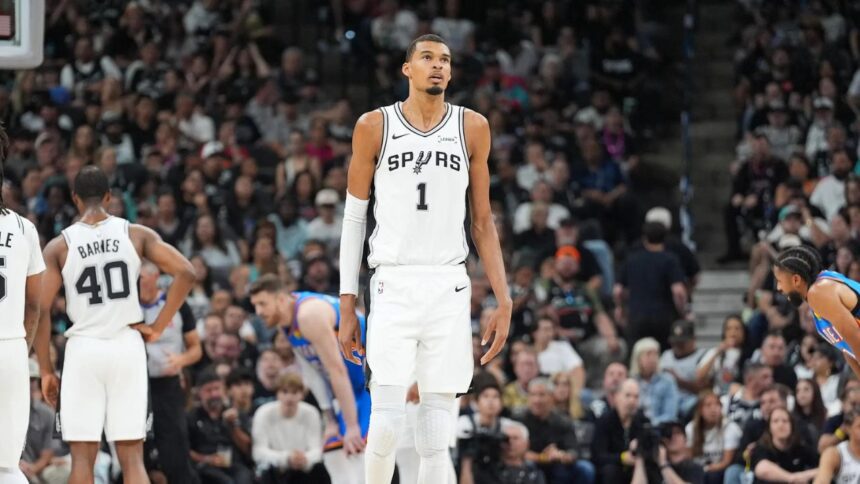May 24, 2026; San Antonio, Texas, USA; San Antonio Spurs center Victor Wembanyama (1) looks on in the fourth quarter against the Oklahoma City Thunder during game four of the western conference finals for the 2026 NBA playoffs at Frost Bank Center. Mandatory Credit: Daniel Dunn-Imagn Images