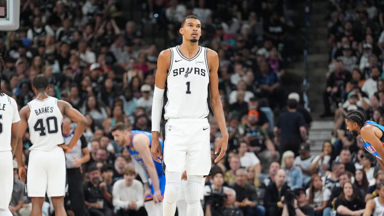 May 24, 2026; San Antonio, Texas, USA; San Antonio Spurs center Victor Wembanyama (1) looks on in the fourth quarter against the Oklahoma City Thunder during game four of the western conference finals for the 2026 NBA playoffs at Frost Bank Center. Mandatory Credit: Daniel Dunn-Imagn Images