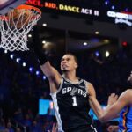 May 18, 2026; Oklahoma City, Oklahoma, USA; San Antonio Spurs center Victor Wembanyama (1) dunks the ball in the second quarter against the Oklahoma City Thunder during Game 1 of the Western Conference Finals for the 2026 NBA playoffs at Paycom Center