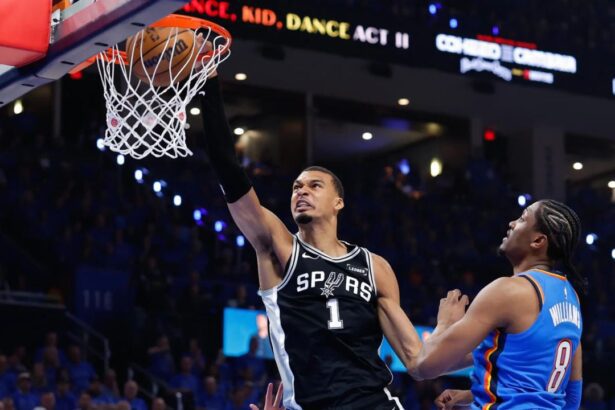 May 18, 2026; Oklahoma City, Oklahoma, USA; San Antonio Spurs center Victor Wembanyama (1) dunks the ball in the second quarter against the Oklahoma City Thunder during Game 1 of the Western Conference Finals for the 2026 NBA playoffs at Paycom Center