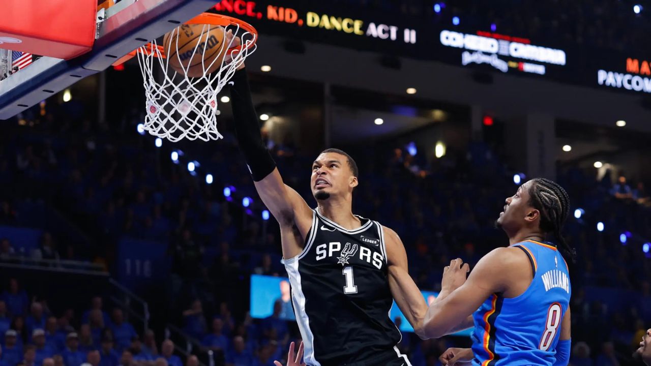 May 18, 2026; Oklahoma City, Oklahoma, USA; San Antonio Spurs center Victor Wembanyama (1) dunks the ball in the second quarter against the Oklahoma City Thunder during Game 1 of the Western Conference Finals for the 2026 NBA playoffs at Paycom Center