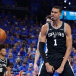 May 18, 2026; Oklahoma City, Oklahoma, USA; San Antonio Spurs center Victor Wembanyama (1) reacts after a dunk in the second quarter against the Oklahoma City Thunder during game one of the western conference finals for the 2026 NBA playoffs at Paycom Center. Mandatory Credit: Alonzo Adams-Imagn Images
