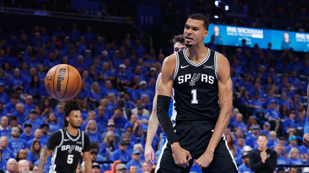 May 18, 2026; Oklahoma City, Oklahoma, USA; San Antonio Spurs center Victor Wembanyama (1) reacts after a dunk in the second quarter against the Oklahoma City Thunder during game one of the western conference finals for the 2026 NBA playoffs at Paycom Center. Mandatory Credit: Alonzo Adams-Imagn Images
