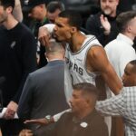 May 24, 2026; San Antonio, Texas, USA; San Antonio Spurs center Victor Wembanyama (1) reacts after the second quarter against the Oklahoma City Thunder during game four of the western conference finals for the 2026 NBA playoffs at Frost Bank Center. Mandatory Credit: Scott Wachter-Imagn Images