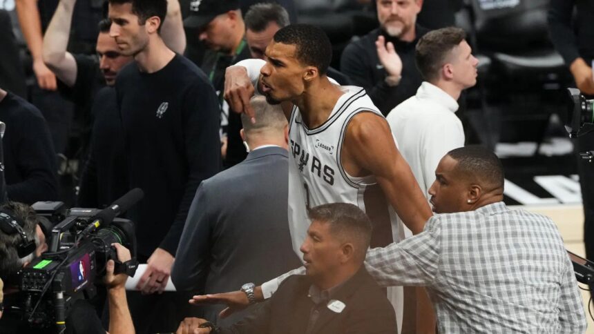 May 24, 2026; San Antonio, Texas, USA; San Antonio Spurs center Victor Wembanyama (1) reacts after the second quarter against the Oklahoma City Thunder during game four of the western conference finals for the 2026 NBA playoffs at Frost Bank Center. Mandatory Credit: Scott Wachter-Imagn Images
