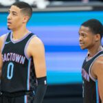 Sacramento Kings guard Tyrese Haliburton (0) and guard De'Aaron Fox (5) during the third quarter against the Washington Wizards at Golden 1 Center.