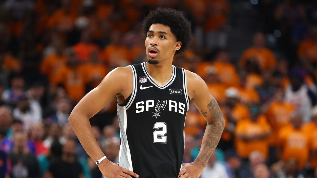 SAN ANTONIO, TEXAS - JUNE 03: Dylan Harper #2 of the San Antonio Spurs reacts during the second quarter against the New York Knicks in Game One of the 2026 NBA Finals at Frost Bank Center on June 03, 2026 in San Antonio, Texas. (Photo by Gregory Shamus/Getty Images)