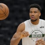 Mar 28, 2026; Milwaukee, Wisconsin, USA; Milwaukee Bucks forward Giannis Antetokounmpo (34) warms up prior to the game against the San Antonio Spurs at Fiserv Forum. Mandatory Credit: Jeff Hanisch-Imagn Images