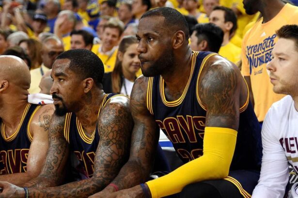 Jun 2, 2016; Oakland, CA, USA; Cleveland Cavaliers forward LeBron James (23) and Cleveland Cavaliers guard J.R. Smith (5) sit on the bench during the fourth quarter against the Golden State Warriors in game one of the NBA Finals at Oracle Arena. Mandatory Credit: Kyle Terada-Imagn Images