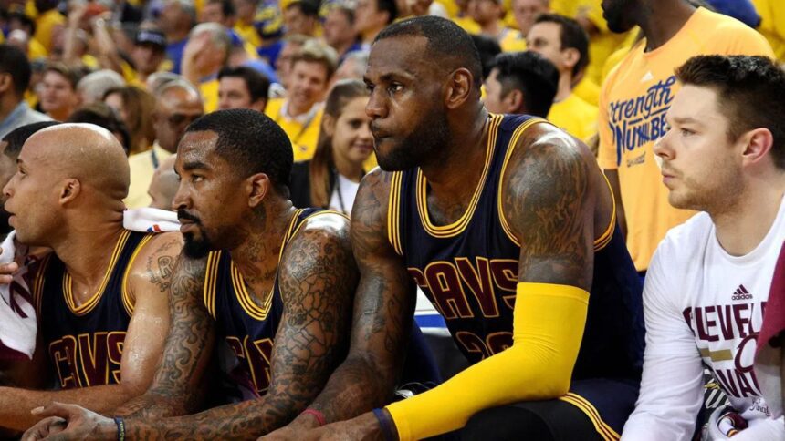 Jun 2, 2016; Oakland, CA, USA; Cleveland Cavaliers forward LeBron James (23) and Cleveland Cavaliers guard J.R. Smith (5) sit on the bench during the fourth quarter against the Golden State Warriors in game one of the NBA Finals at Oracle Arena. Mandatory Credit: Kyle Terada-Imagn Images