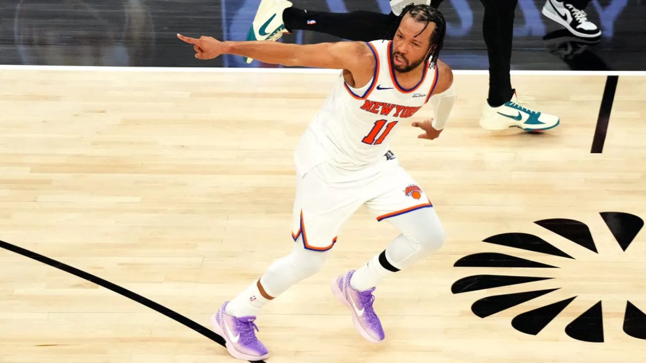 Jun 3, 2026; San Antonio, Texas, USA;New York Knicks guard Jalen Brunson (11) reacts in the second half during game one of the 2026 NBA Finals at Frost Bank Center. Mandatory Credit: Scott Wachter-Imagn Images