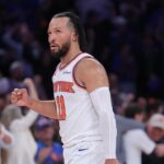 Jun 10, 2026; New York, New York, USA; New York Knicks guard Jalen Brunson (11) reacts in the fourth quarter against the San Antonio Spurs during game four of the 2026 NBA Finals at Madison Square Garden. Mandatory Credit: Brad Penner-Imagn Images