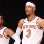 NEW YORK, NY - JUNE 10: Jalen Brunson #11 and Josh Hart #3 of the New York Knicks look on during the game against the San Antonio Spurs during Game Four of the 2026 NBA Finals on June 10, 2026 at Madison in New York, New York. (Photo by Nathaniel S. Butler/NBAE via Getty Images)