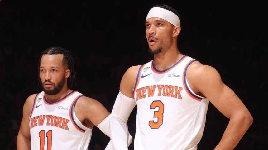 NEW YORK, NY - JUNE 10: Jalen Brunson #11 and Josh Hart #3 of the New York Knicks look on during the game against the San Antonio Spurs during Game Four of the 2026 NBA Finals on June 10, 2026 at Madison in New York, New York. (Photo by Nathaniel S. Butler/NBAE via Getty Images)