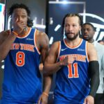 Jun 5, 2026; San Antonio, Texas, USA; New York Knicks guard Jalen Brunson (11) and forward Og Anunoby (8) react after game two of the 2026 NBA Finals at Frost Bank Center. Mandatory Credit: Daniel Dunn-Imagn Images