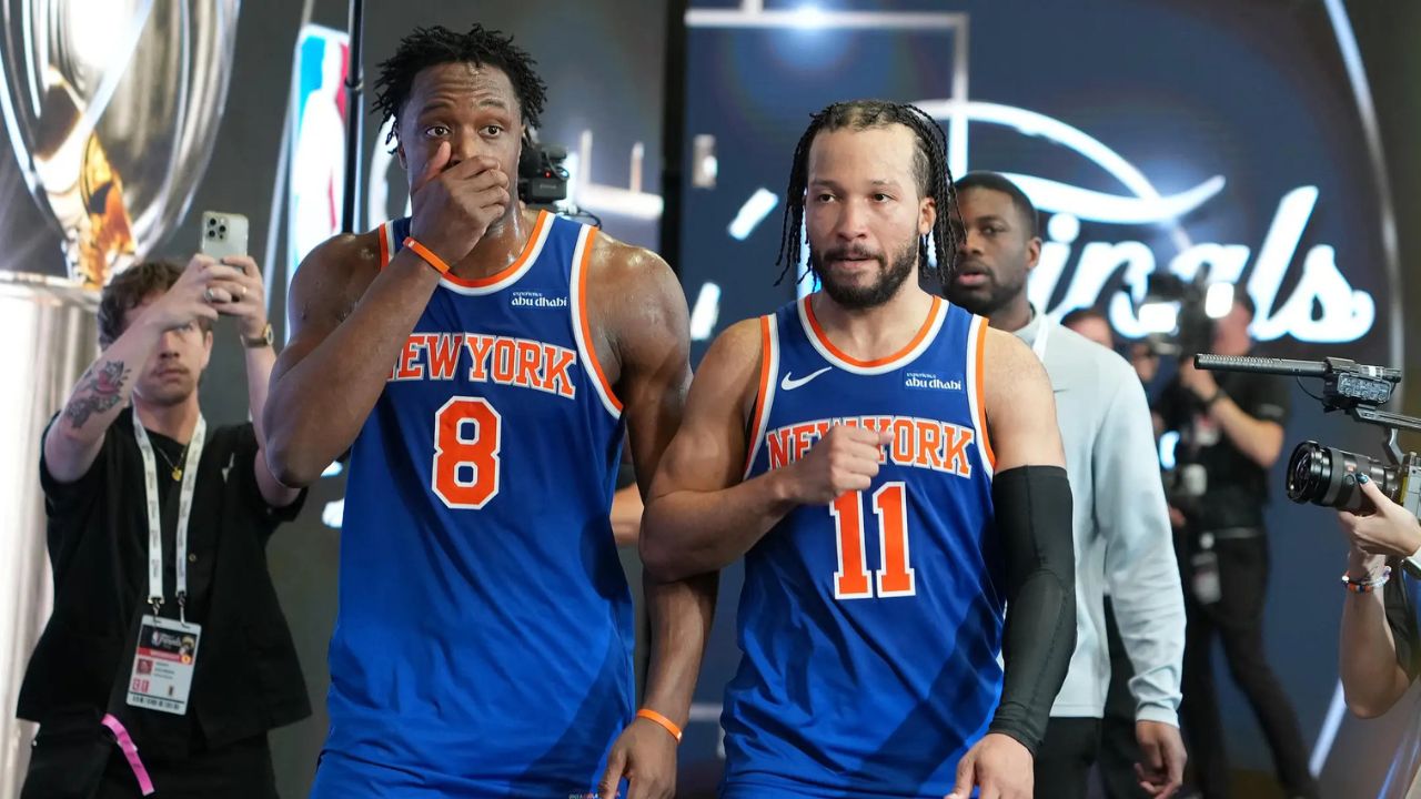 Jun 5, 2026; San Antonio, Texas, USA; New York Knicks guard Jalen Brunson (11) and forward Og Anunoby (8) react after game two of the 2026 NBA Finals at Frost Bank Center. Mandatory Credit: Daniel Dunn-Imagn Images