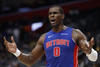 Dec 16, 2024; Detroit, Michigan, USA; Detroit Pistons center Jalen Duren (0) reacts in the first half against the Miami Heat at Little Caesars Arena. Mandatory Credit: Rick Osentoski-Imagn Images