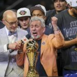 Jun 13, 2026; San Antonio, Texas, USA; New York Knicks owner James Dolan and the players celebrate after defeating the San Antonio Spurs during game five of the 2026 NBA Finals at Frost Bank Center. Mandatory Credit: Geoff Burke-Imagn Images