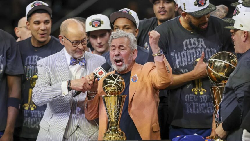 Jun 13, 2026; San Antonio, Texas, USA; New York Knicks owner James Dolan and the players celebrate after defeating the San Antonio Spurs during game five of the 2026 NBA Finals at Frost Bank Center. Mandatory Credit: Geoff Burke-Imagn Images