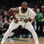 Apr 19, 2026; Boston, Massachusetts, USA; Boston Celtics guard Jaylen Brown (7) on defense in the second half during game one of the first round of the 2026 NBA Playoffs against the Philadelphia 76ers at TD Garden. Mandatory Credit: Bob DeChiara-Imagn Images